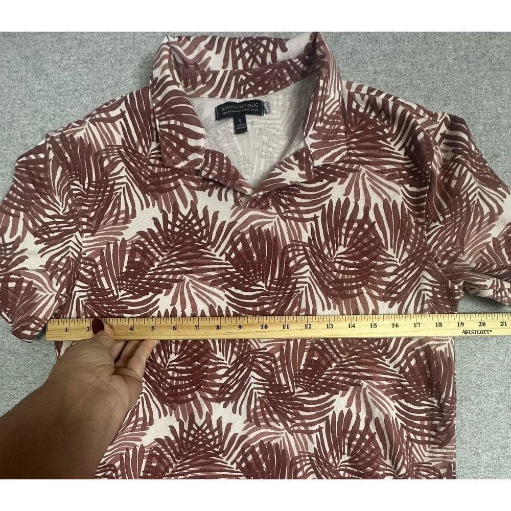 Banana Republic Polo Shirt Mens Small Brown Palm Leaf‎ Performance Pique Stretch